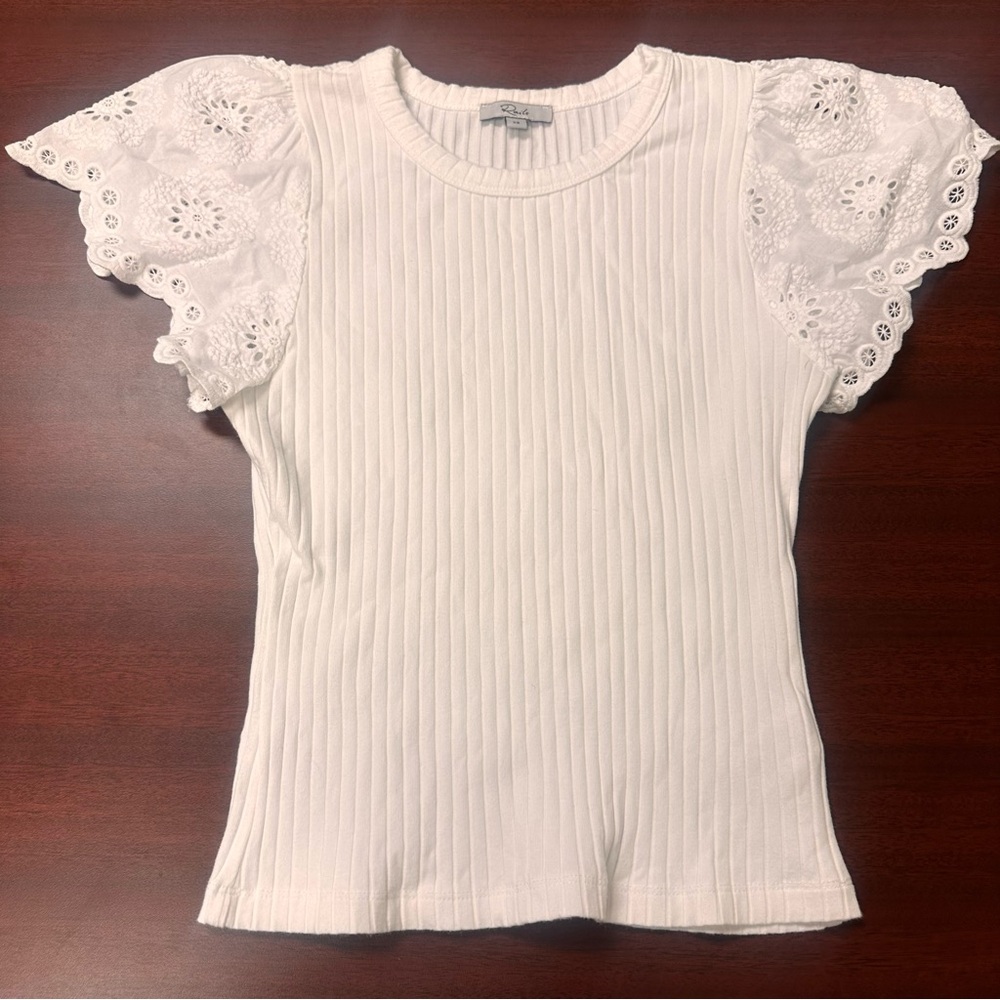 Rails White Ribbed Blouse Top Lace Sleeves Womens Size XS